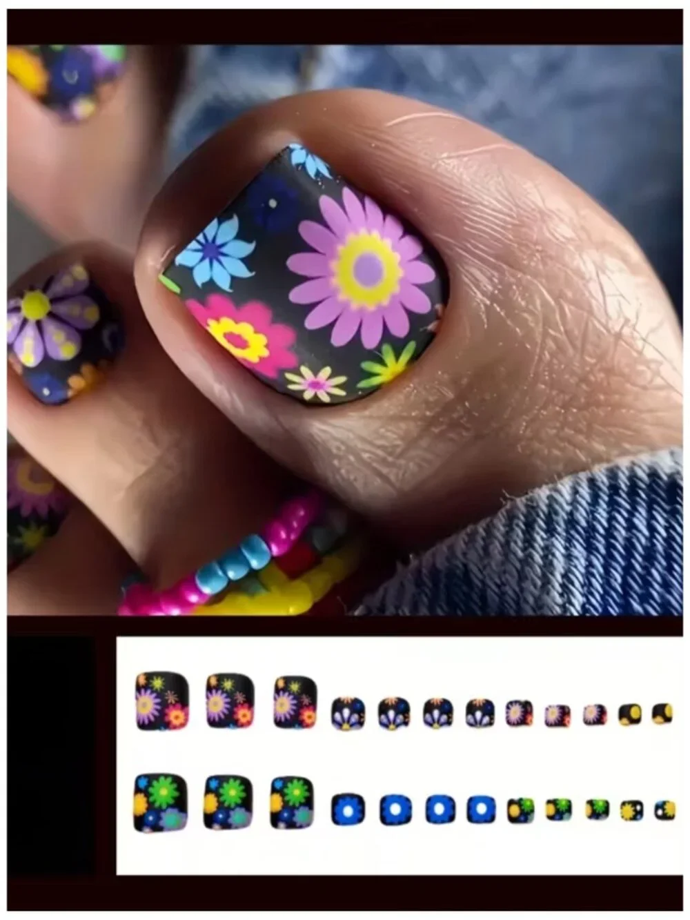NWT 24pc Matte Black 70s Retro Floral Press On Toenails Summer Daisy Pedicure